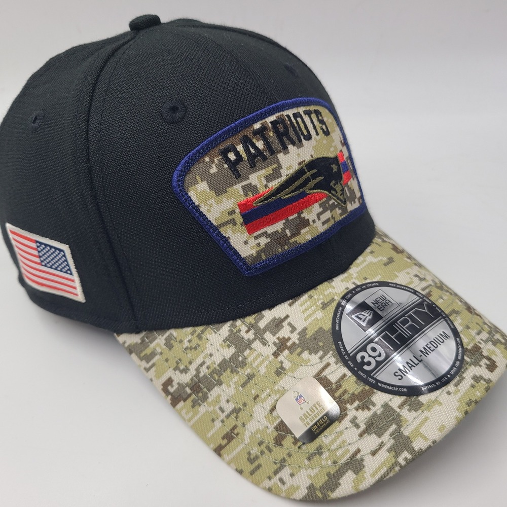 New England Patriots Hat Fitted S-M New Era 39Thirty Black Camo Salute Service